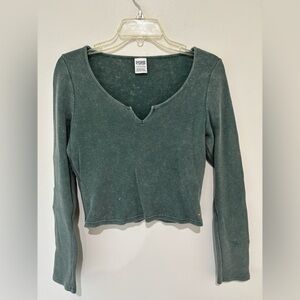 PINK Victoria's Secret Long Sleeve Ribbed Waffle Knit Top in Teal Green